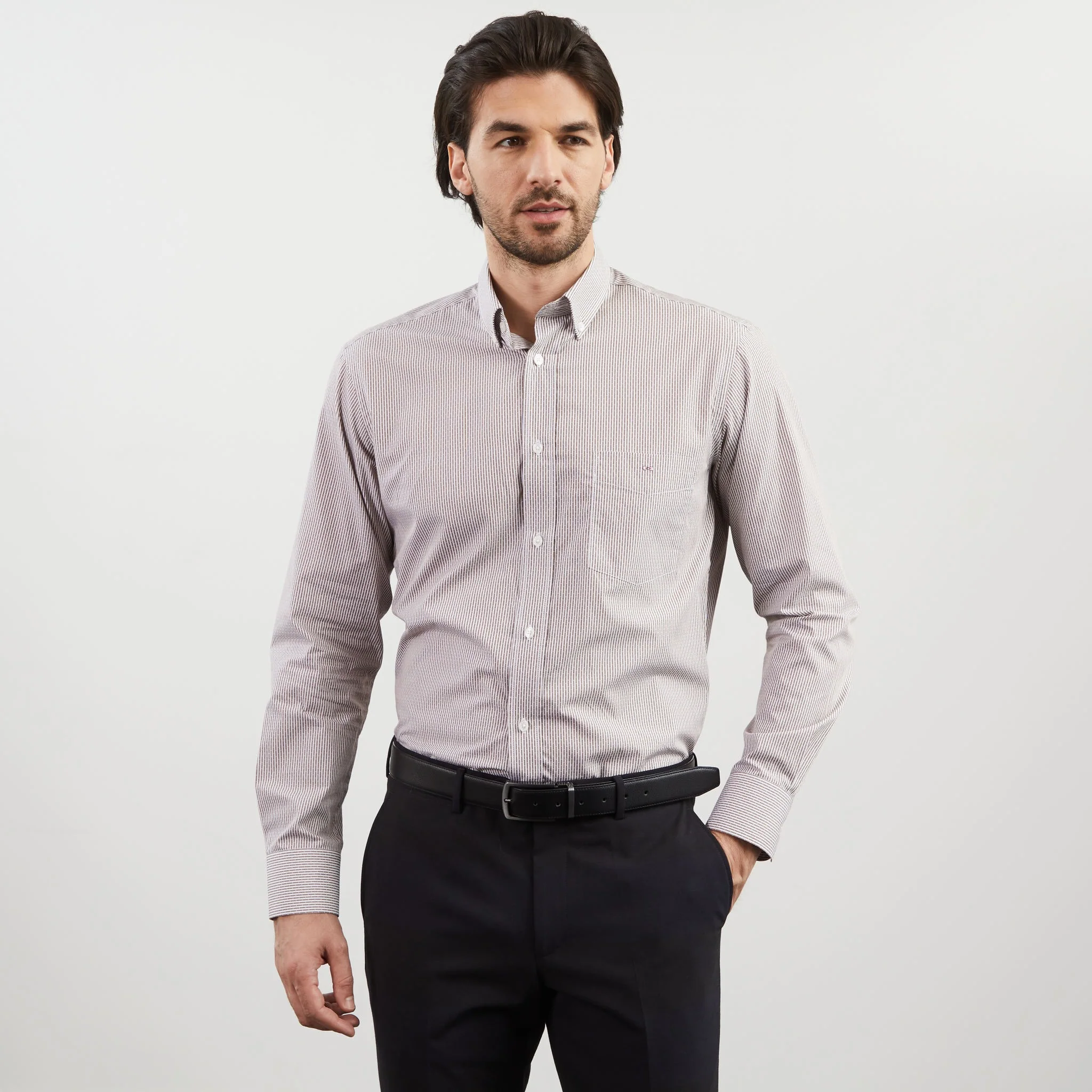 Chemise beige rayée en coton dobby Eden Park