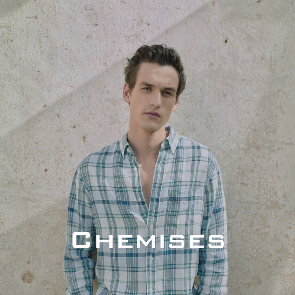 Image d'un homme portant une chemise bleu a carreau. Bouton pour accéder a la page des chemises de la boutique en ligne Guinement.